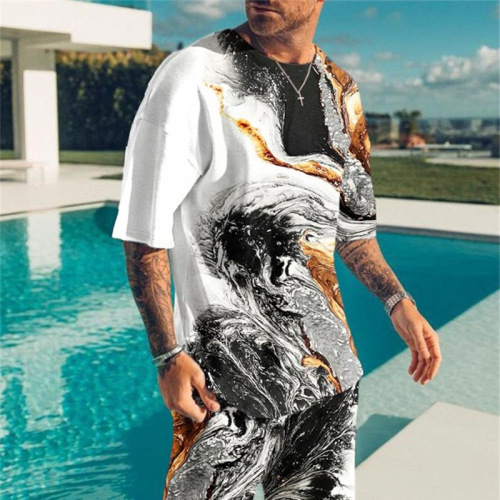 New cartoon 3D printed men's T-shirt sports set casual plus-size short sleeve for cross-border trade