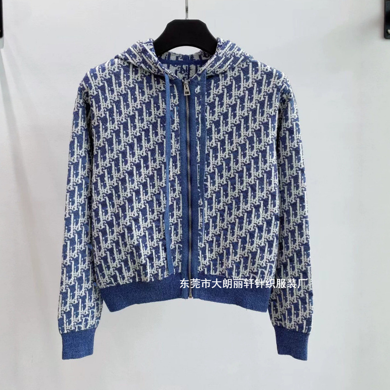 D brand vintage all-over letter print jacquard hooded knit jacket, blue and white contrast zipper short sweater cardigan for women