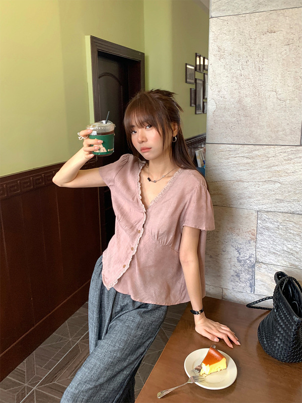 広州黄正韓国スタイル V ネックレースシャツ女性のための 2025 夏甘いスタイルルーズ痩身シャツ女性のための 142CH446|undefined