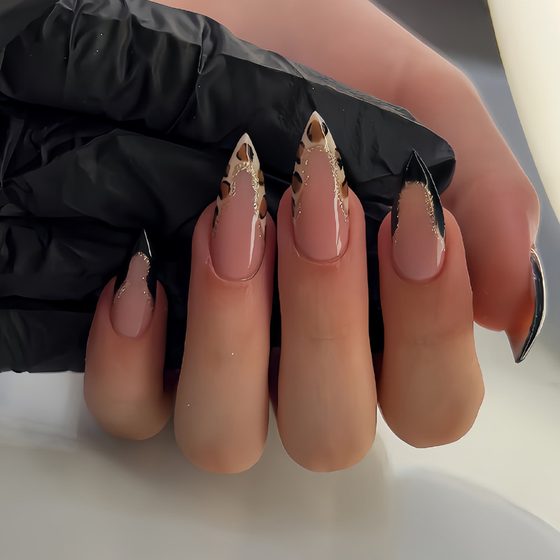 Black Almond French Gold Glitter Leopard Print Design Press-On Nails Removable Glossy Full Coverage Wearable Nails