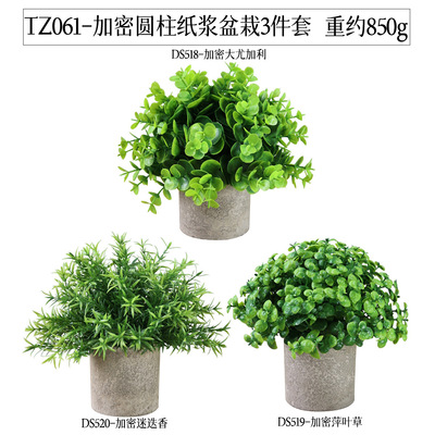 亚马逊加密圆柱纸浆盆栽3件套 家居装饰品仿真绿植桌面假盆景套装