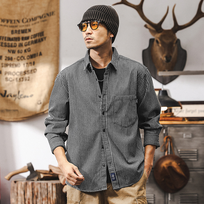 American Retro Striped Shirt for Men, Spring and Autumn 2026 New Trendy Brand Long-Sleeve Shirt, Loose Casual Men's Jacket