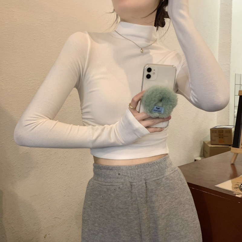 여성용 회색 하프 터틀넥 긴팔 티셔츠 봄 가을 퓨어 디자이어 스타일 이너웨어 슬림 숏 바텀 셔츠 아우터웨어 상의