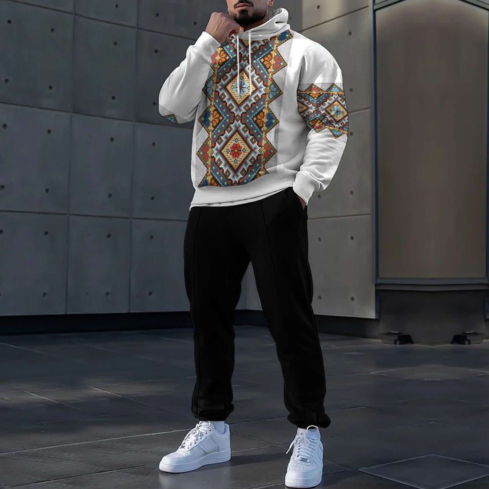 Otoño nuevo estilo de los hombres colorido color de contraste estilo de diseño estilo popular cordón suéter con capucha pantalones MC11-ML1