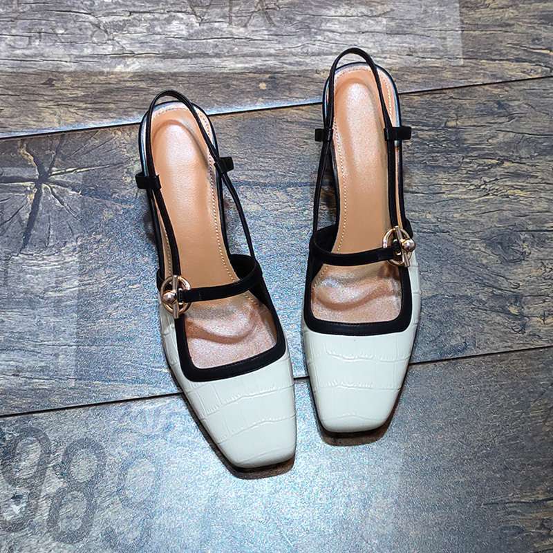 2025 Spring and Summer New Fashion Color-Blocked Soft Leather Toe-Cap Women's Sandals French Retro Square Toe Thick Heel Hollow Back Shoes