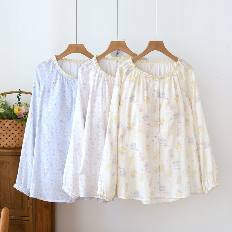 Bamboo Cotton Gauze Pajamas Women's Top Round Neck Thin Single-Piece Cardigan with Chest Pad Long-Sleeved Home Wear Spring and Summer Soft Bamboo Cotton Gauze Pajamas Women's Top Round Neck Thin Single-Piece Cardigan with Chest Pad Long-Sleeved Home Wear Spring and Summer Soft