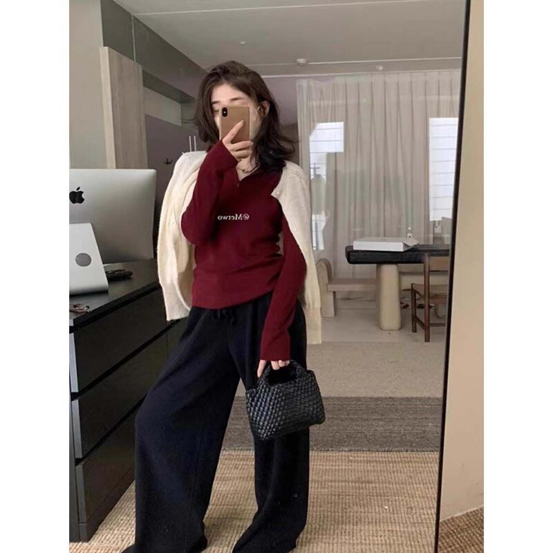 早秋燕麦色半拉链连帽针织衫女设计感小众修身内搭打底衫上衣冬季|undefined