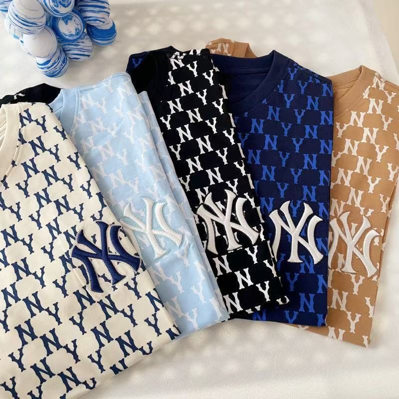Spring and Summer New Trendy Brand Mlb Short-Sleeved Retro Old-Fashioned Floral Ny Letter Full-Print Fashion Versatile T-Shirt for Men and Women, Same Style for Couples