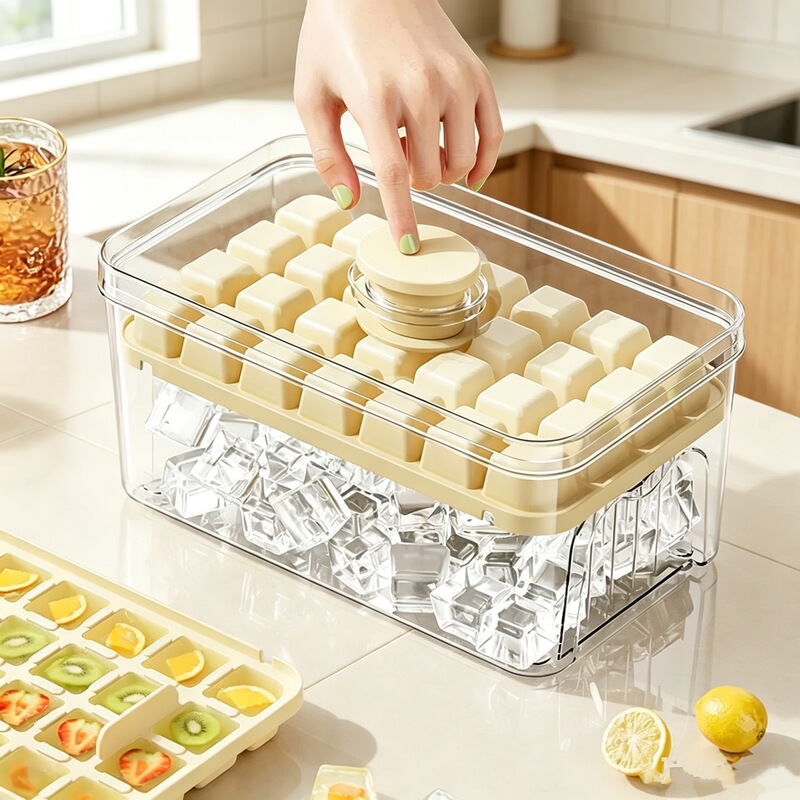 Press-Type Ice Cube Tray, Household Food-Grade Ice Cube Mold, Large-Capacity Double-Layer Ice Storage Box, Commercial Ice Freezing Tool Press-Type Ice Cube Tray, Household Food-Grade Ice Cube Mold, Large-Capacity Double-Layer Ice Storage Box, Commercial Ice Freezing Tool