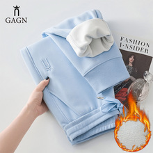 GAGN冬季蓝色加绒小个子穿搭女装棉发热保暖宽松休闲运动卫裤