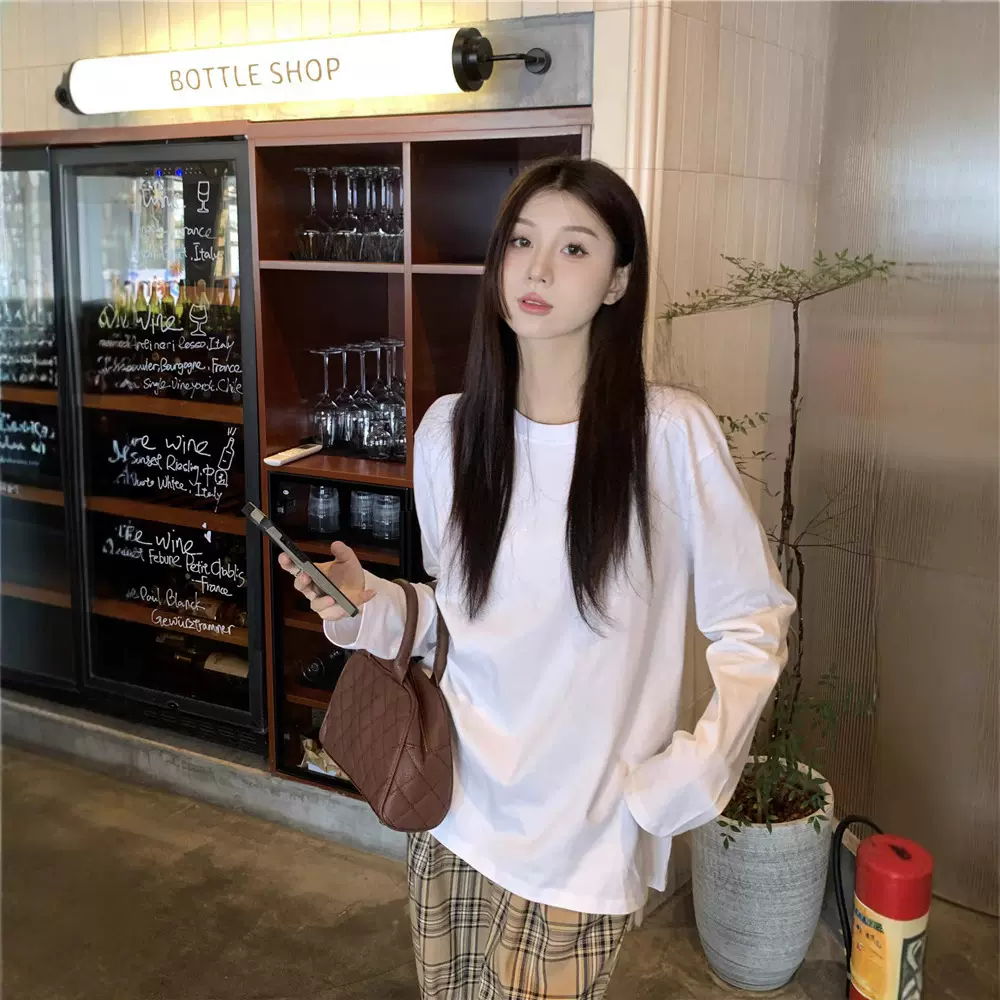 300g纯棉长袖简约百搭白色套头内搭T恤女休闲宽松显瘦打底衫上衣