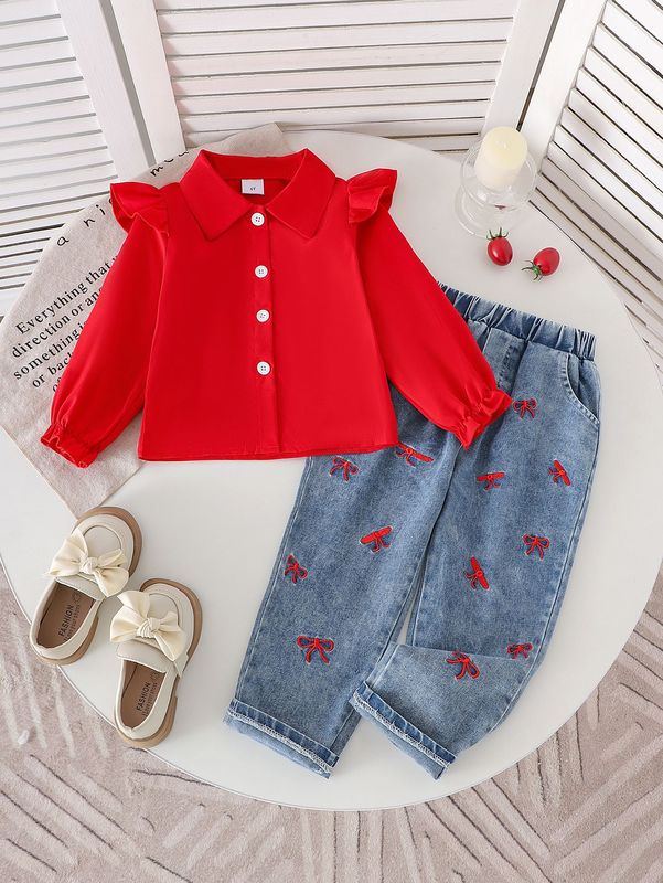 Children's clothing跨境女童套装红色长袖衬衫+牛仔长裤亚马逊|undefined