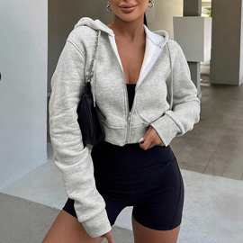 欧美跨境新款女装长袖连帽拉链开衫短款卫衣休闲百搭穿搭