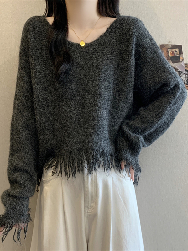 韩系高级感流苏针织衫女秋季新款设计感小众宽松百搭显瘦短款上衣|undefined