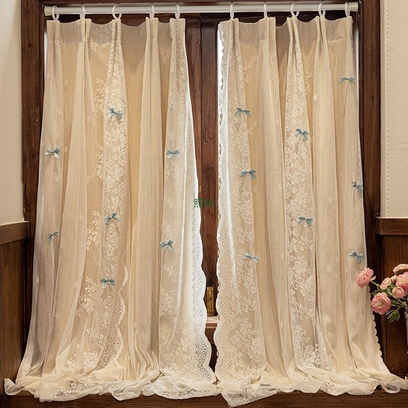Dopamine French-Style Cream-Colored Blackout Curtains for Small Windows, Pastoral Lace Double-Layer No-Drill Bedroom Bay Window Curtains Dopamine French-Style Cream-Colored Blackout Curtains for Small Windows, Pastoral Lace Double-Layer No-Drill Bedroom Bay Window Curtains