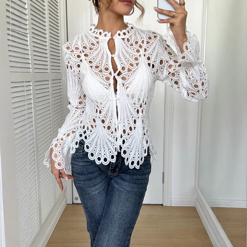 Women's Lace Fashion All-match Elegant Elegant Mid-length Sleeve Shirt Top Casual Holiday Party Hollow-out Holiday Shirt