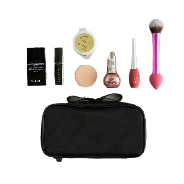 FUENTE fabricante elegante tela de nylon negro Bolsa de cosméticos de doble cremallera bolsa de almacenamiento de lavado de viaje de doble cara de las mujeres