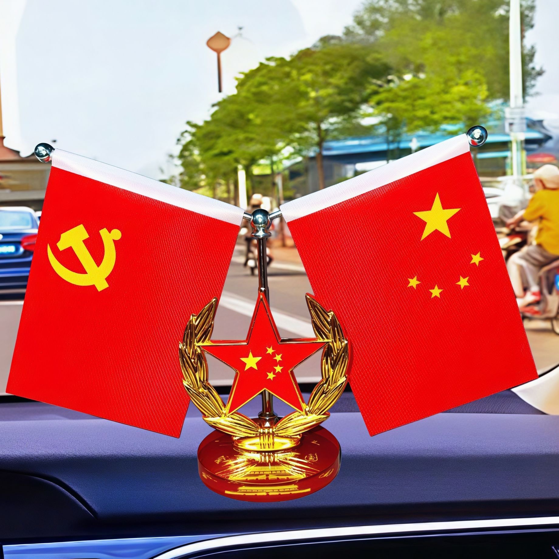 Car decoration red flag ornament for dashboard, conference room, office desk, flag with crystal base, decorative display stand