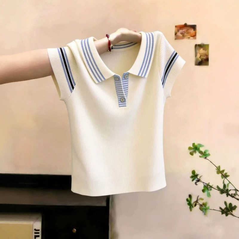 [Authentic from the Store] Large Size Korean-Style Striped Ice Silk Knit Short-Sleeve Women's Top, New Summer Fashion Versatile Top