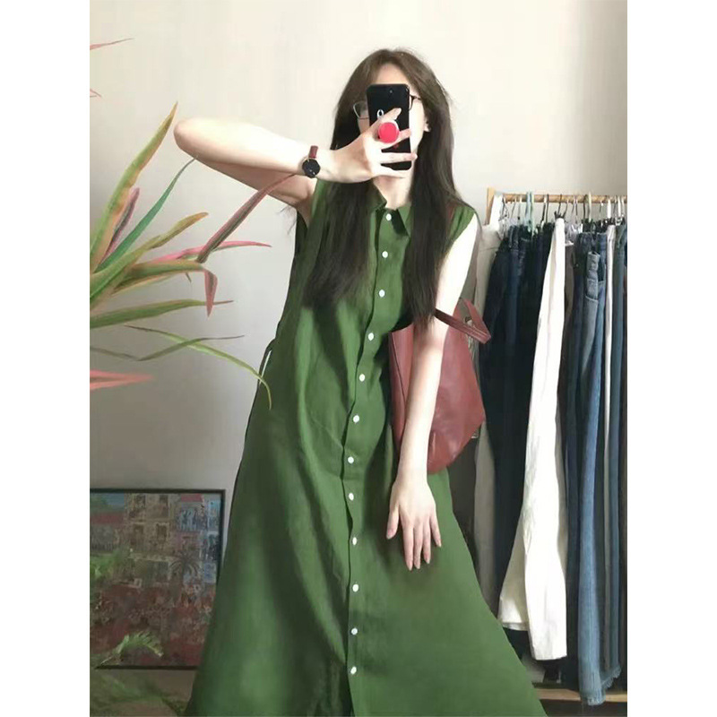 茶歇法式绿色棉麻背心连衣裙女2025夏感系带收腰显瘦气质长裙|undefined
