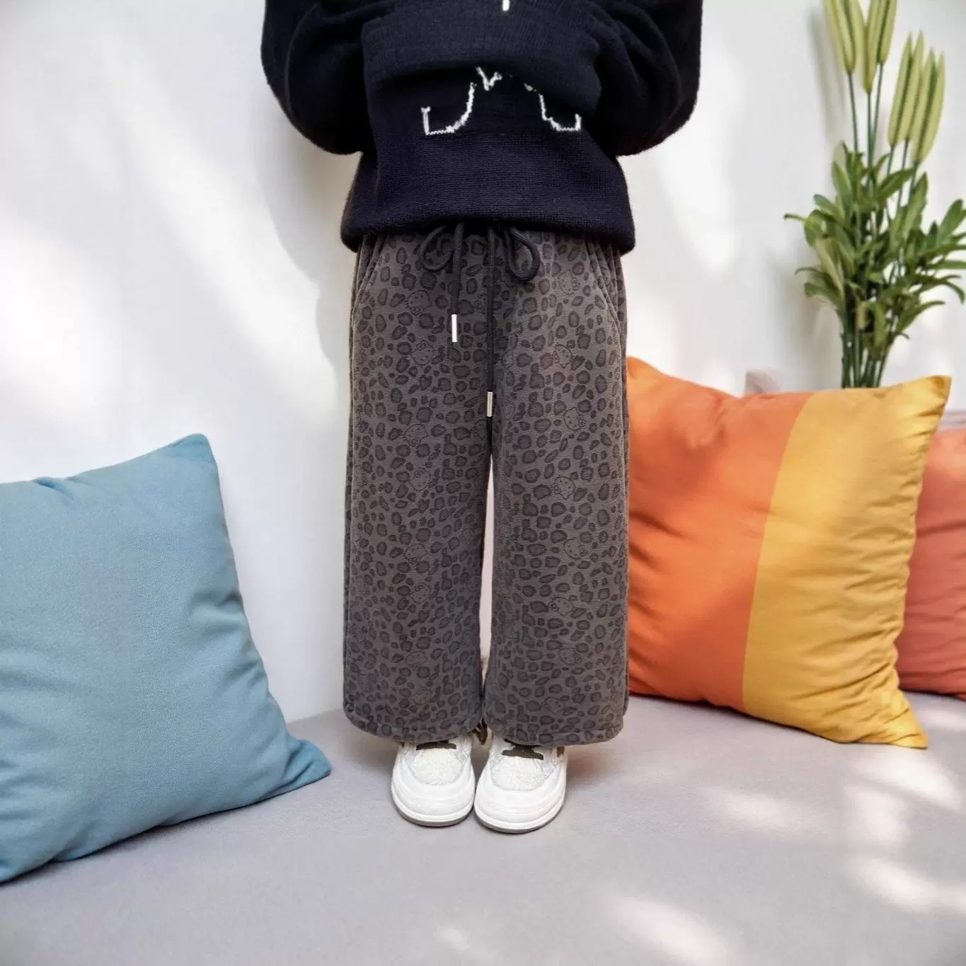 加绒加厚豹纹休闲裤女童冬新款韩版炸街女宝宝直筒松紧腰阔腿裤