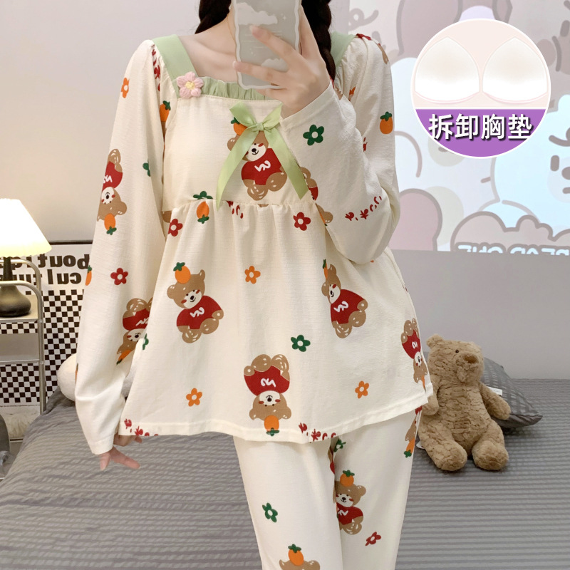 Primavera y otoño nuevo pijamas de las mujeres tejido crepe cuello cuadrado pullover pantalones manga larga con almohadilla en el pecho dulce desgaste del hogar traje