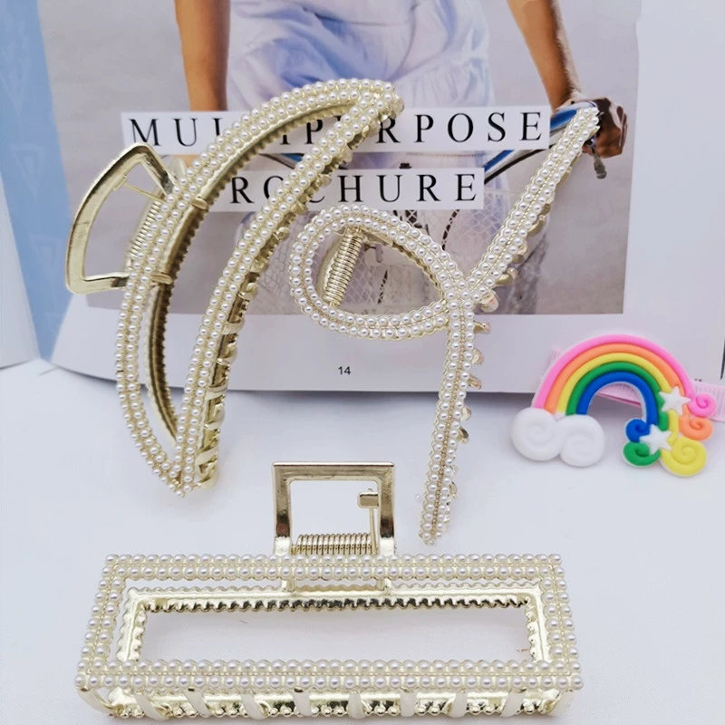 Новая полная дрель Жемчужная Геометрическая полая металлическая ручка большая задняя часть головы царапающая заколка для волос