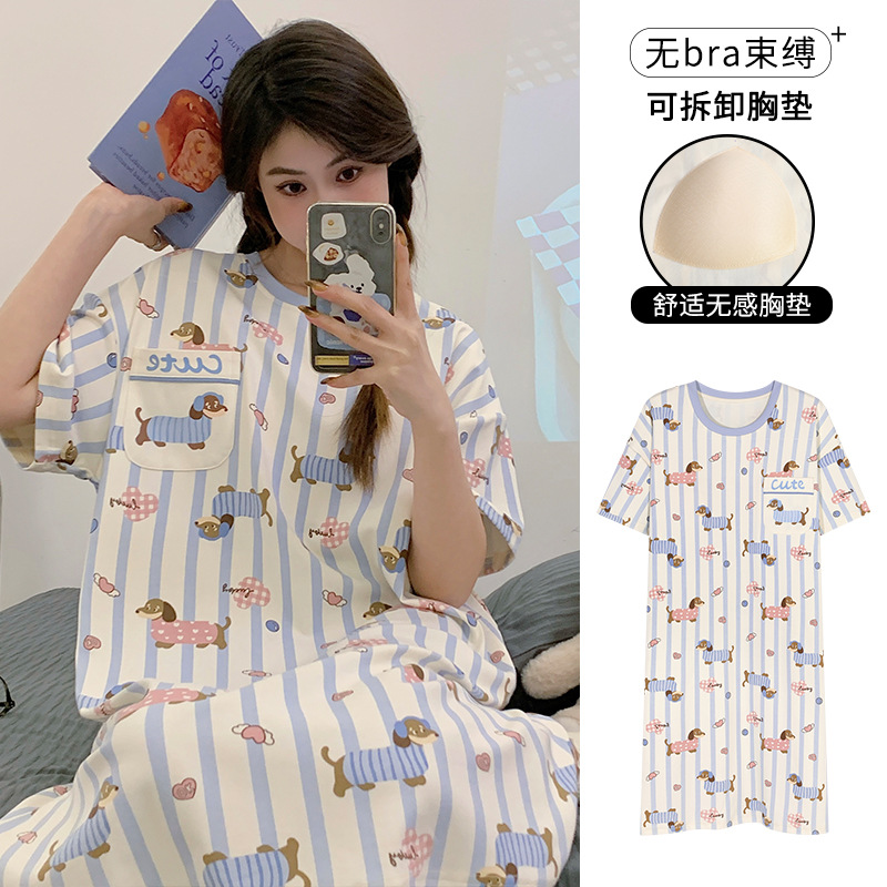 Pijama de mujer con almohadilla de pecho de dibujos animados red viento rojo estudiantes de manga corta, vestido largo medio, pijama integral de verano se puede usar fuera