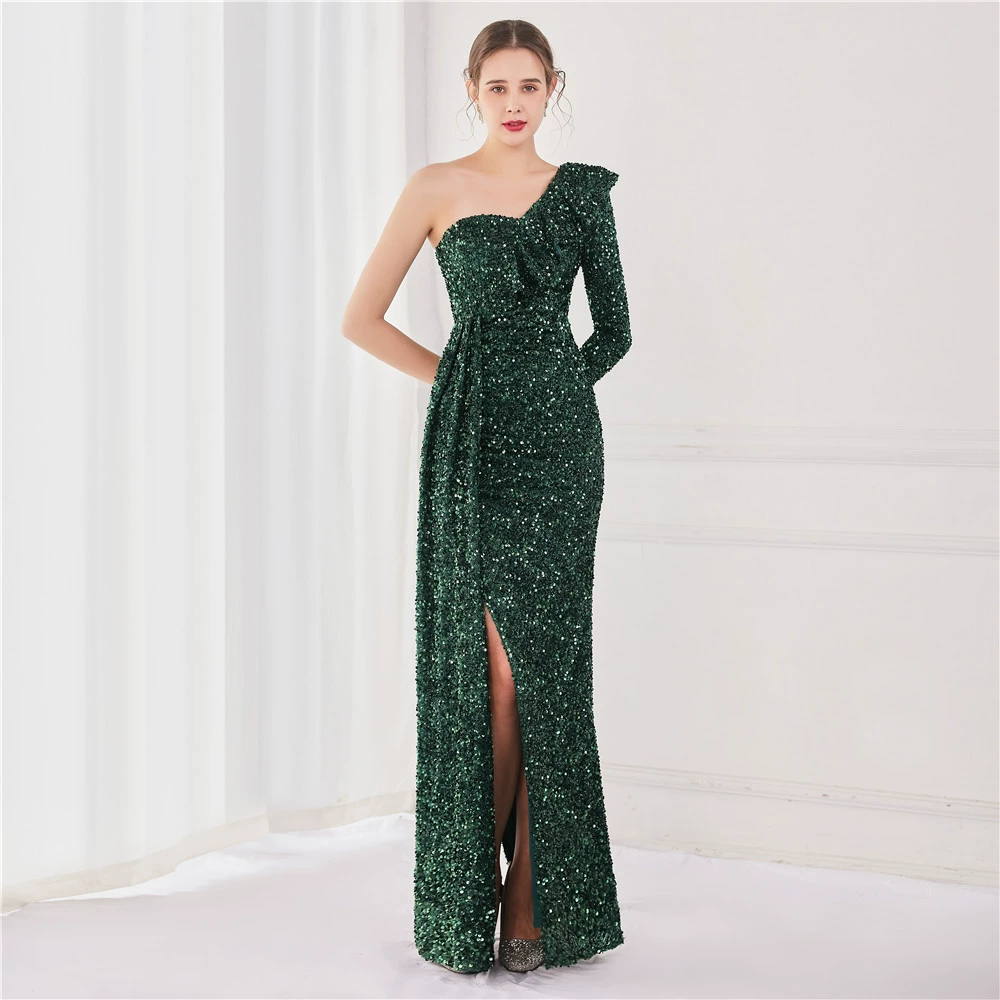 green evening gown Burgundy Sequins Mermaid Evening Dresses Sexy One Shoulder Side Split Formal Floor Length Vestido De Fiesta Prom Gown YSAN1424 formal evening gowns