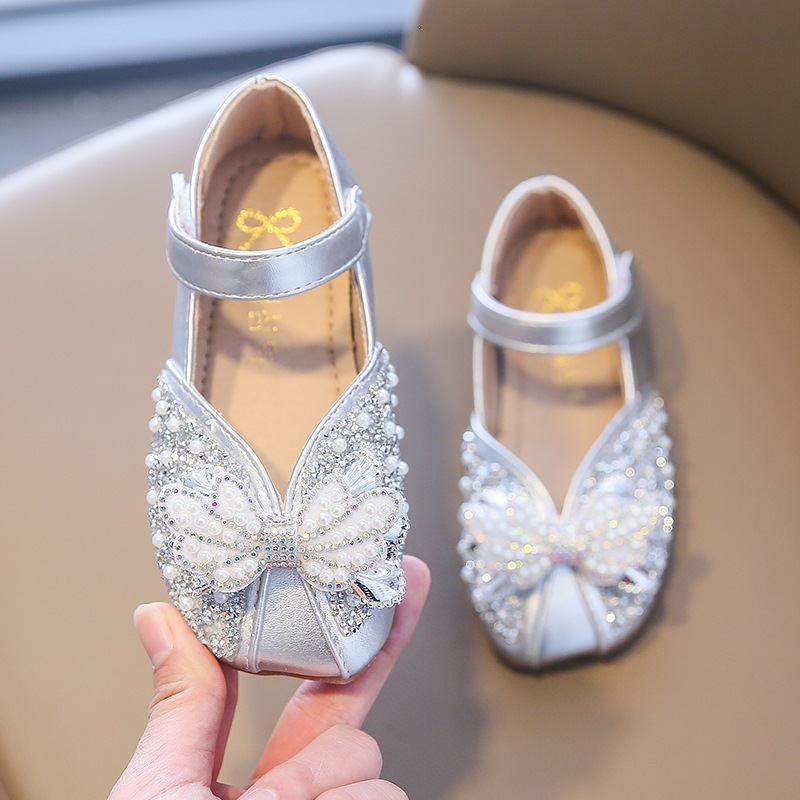Sapato feminino estilo princesa, em couro com cristais, sola macia e laço, ideal para primavera/outono._voghion.com