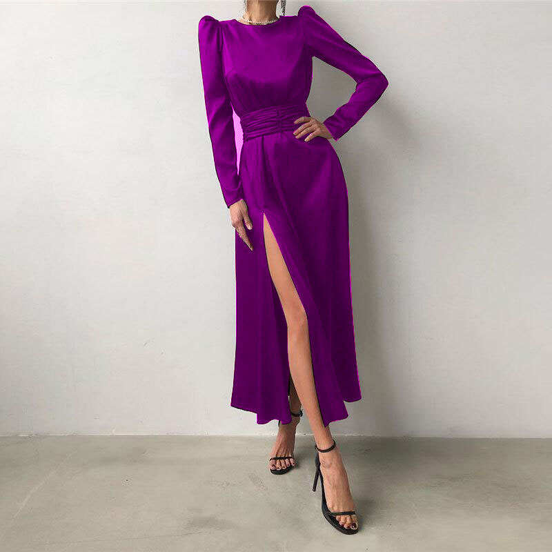 Comercio exterior europeo y americano Amazon AliExpress deseo Mujeres Nuevo satén manga larga vestido negro cuello redondo vestido de noche image 7