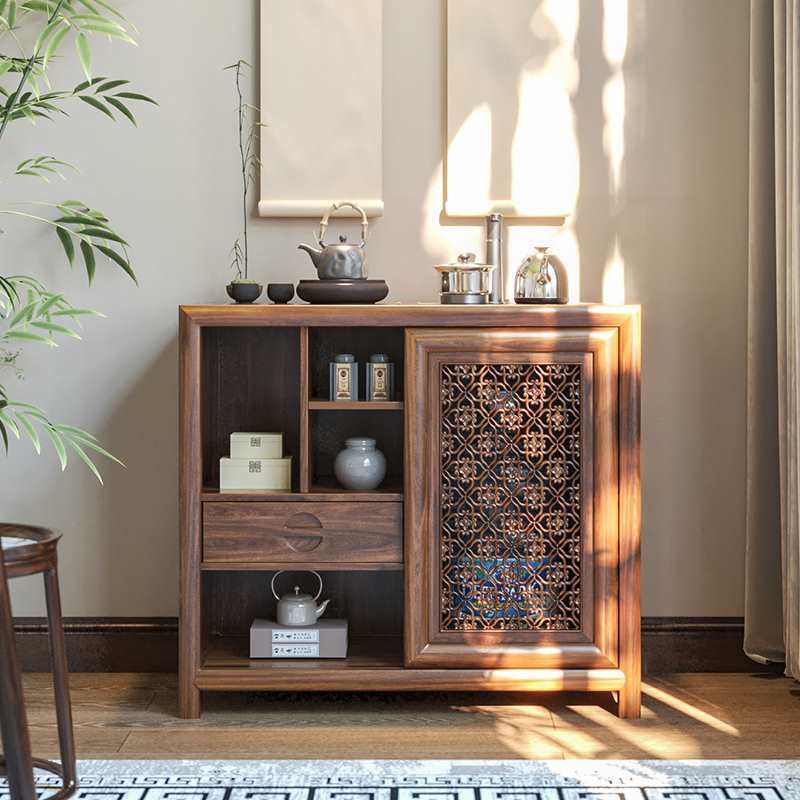 Solid Wood Tea Cabinet Sideboard Tea Table Side Cabinet New Chinese Style Living Room Integrated Tea Cabinet Small Tea Storage Storage Cabinet