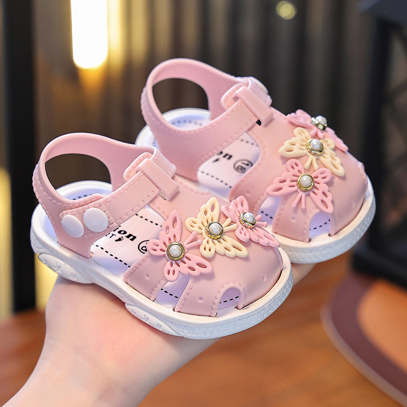 Girls' Sandals 0-3 Years Old, Summer Non-Slip Soft Sole Outdoor Closed-Toe Indoor Beach Baby Walking Shoes, Hollow and Breathable