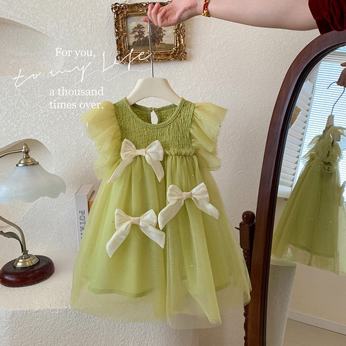 2024 new summer girls' dress, fashionable and comfortable gauze skirt, mesh princess dress, baby flying sleeve skirt