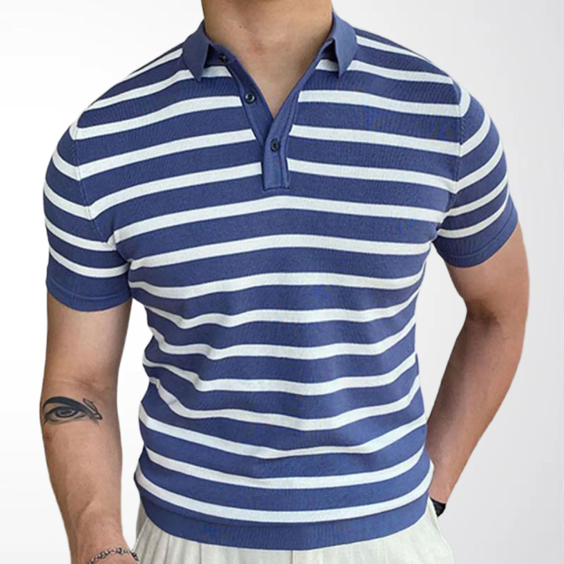 Summer Men's Blue and White Striped Knit Polo Shirt Casual Turn-Down Collar Short-Sleeve T-Shirt Men's Clothing Dropshipping Sy0148