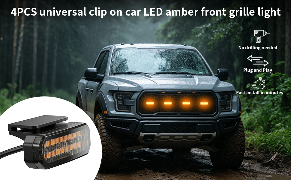 Car front grille LED yellow light, universal clip-on adhesive type, 18 LED grille light