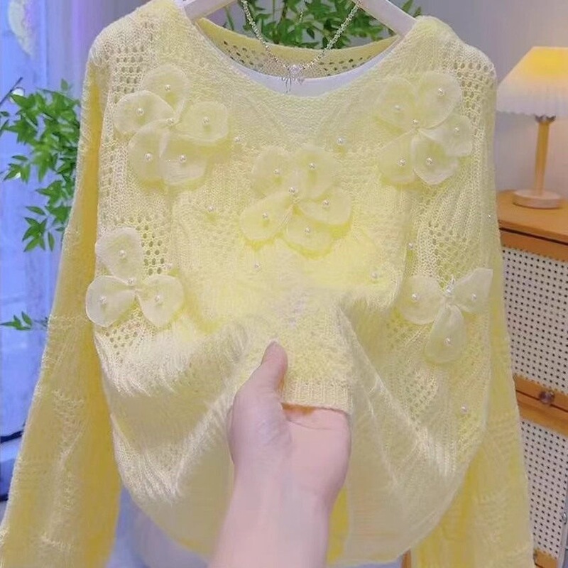 Atmospheric Yellow Floral Beaded Hollow-Out Semi-Sheer Knit Sweater, Spring and Autumn Fashion Versatile Soft and Lazy Style Sweater for Women Atmospheric Yellow Floral Beaded Hollow-Out Semi-Sheer Knit Sweater, Spring and Autumn Fashion Versatile Soft and Lazy Style Sweater for Women
