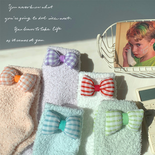 Bowknot coral velvet socks mid-calf home socks confinement socks autumn and winter plus velvet thickened sleep socks warm floor