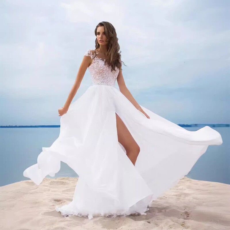 2024 New European and American Amazon Lace Chiffon dress Ball White Evening Dress Split Large Dress 2024 New European and American Amazon Lace Chiffon dress Ball White Evening Dress Split Large Dress