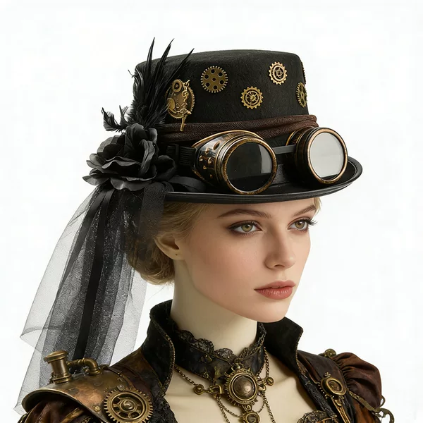Retro Top Hat Steampunk Glasses High Hat Gear Mesh Netting Rose Feather Gothic Hat