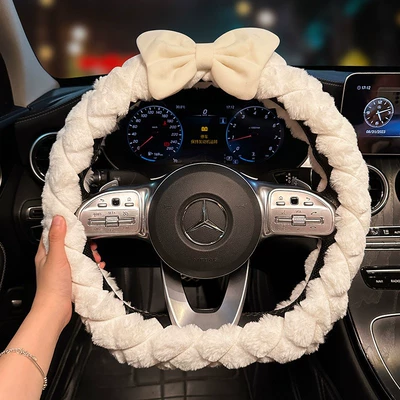 Female Car Interior Supplies, Steering wheel cover - stuffed-model-d-type-white-handlebar-white-bow-38cm