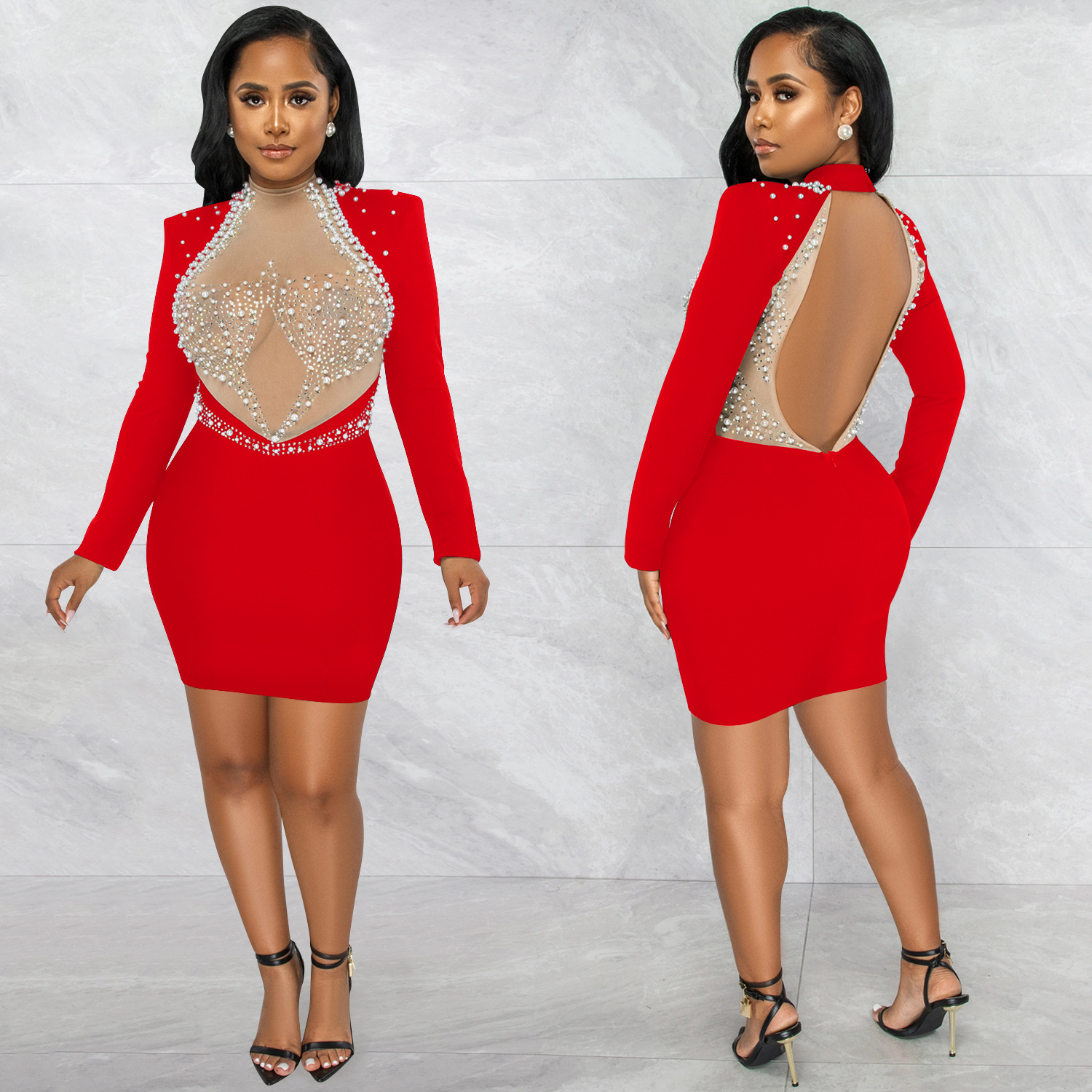 X5681 AliExpress moda sexy club nocturno caliente rhinestone malla ver-a través de espuma sin respaldo de manga larga MIDI vestido de las mujeres