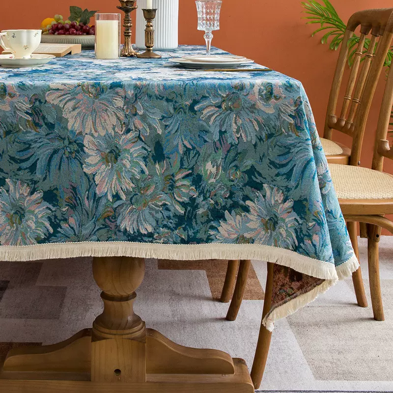 美式桌布布艺长方形蓝色提花流苏餐桌布加厚茶几盖布一件代发跨境