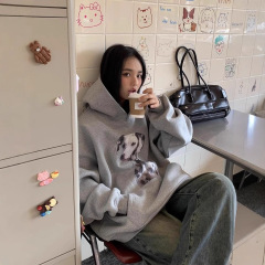 明星同款斑点狗狗印花连帽卫衣女套头秋冬外套宽松慵懒灰色帽衫
