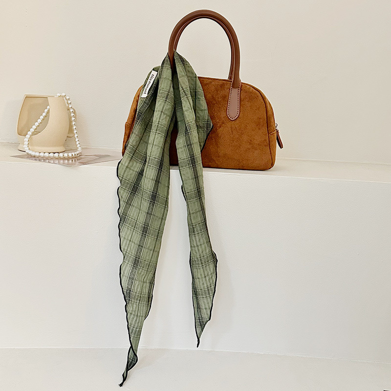 Bufanda triangular para mujer, estilo fino de primavera y verano, bufanda de seda literaria retro, bufanda para el cuello, pañuelo japonés a cuadros de algodón y lino, cinturón para el cabello, cabello atado