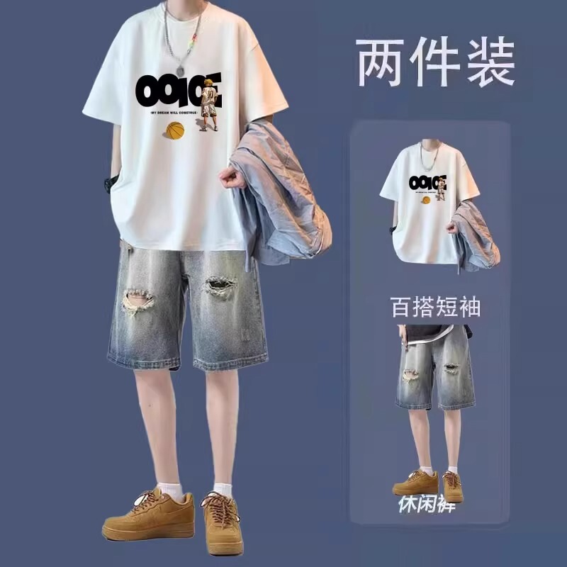 Youth Summer Trendy Brand T-Shirt Boys' Set Loose Shorts Short-Sleeved Casual Outfit Men's Complete Set