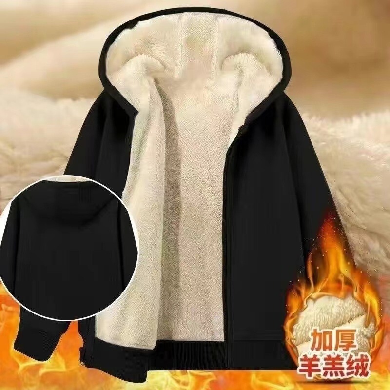 Clearance Sale Fleece-Lined Thick Loose-Fit Oversized Solid Color Zip-Up Hoodie Men's Lamb Wool Warm Jacket