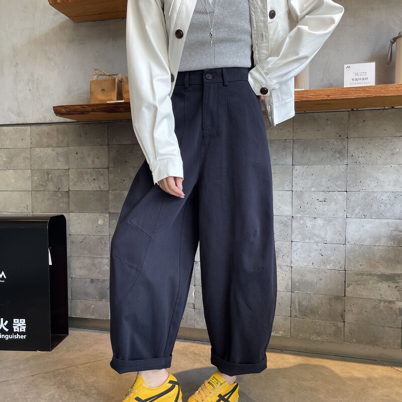 100纯棉早秋韩版洋气九分阔腿弯刀裤女高腰气球裤显瘦休闲裤子|undefined