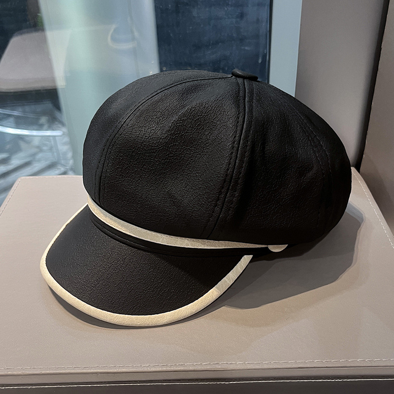 2024 nuevo sombrero octogonal de cuero PU mujeres otoño invierno color coincidente sombrero de lengua de pato hombre calle casual cara gorra de periódico pequeño