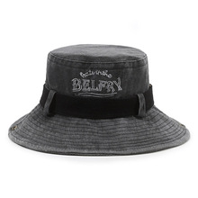 新款帽子高档水洗户外渔夫帽刺绣字母时尚洋气旅游登山帽带防风绳